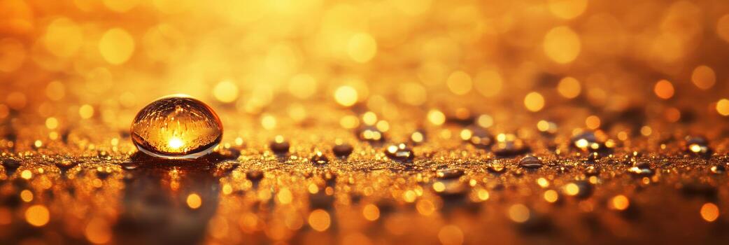 Beautiful water droplets shimmering on a golden surface photo