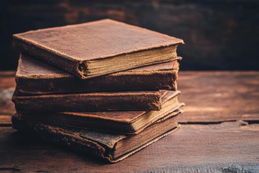 Old stacked books on a rustic wooden table photo