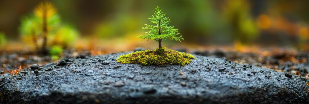 Small tree grows on rocky surface in tranquil forest setting photo