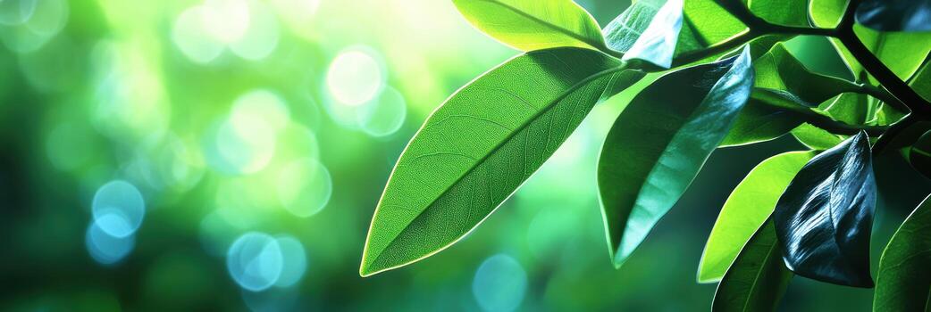 Sunlit leaves glisten against a lush green backdrop photo