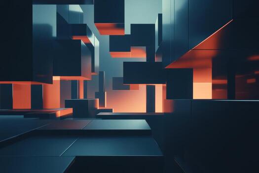 Abstract geometric shapes create a digital landscape at dusk photo
