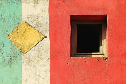 Colorful wall with a window and geometric shapes in sunlight photo