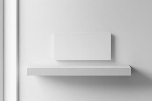 Minimalist white shelf on a light wall displays blank space photo