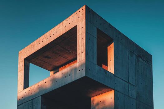 Modern architectural structure with unique geometry at sunset photo