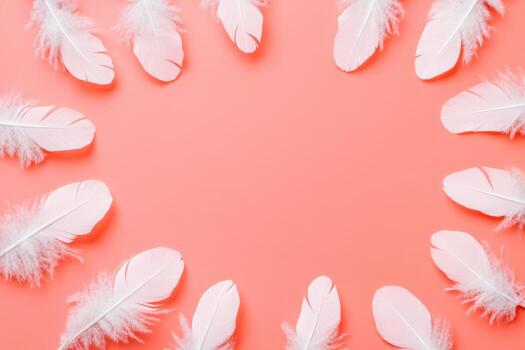 Pink feathers arranged in a circle on a coral background photo