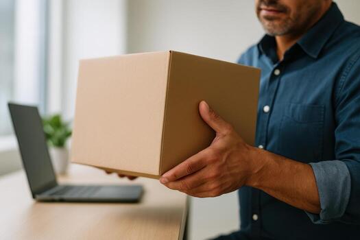 Man receiving a cardboard package at home while working on a laptop, demonstrating efficient modern delivery and remote business solutions photo