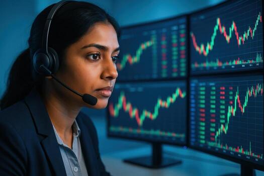 Focused financial analyst monitoring multiple trading charts on computer monitors while working in a modern investment office environment photo