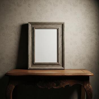 Ornate antique wooden picture frame with a blank white center displayed on a rustic wooden table isolated on white background photo
