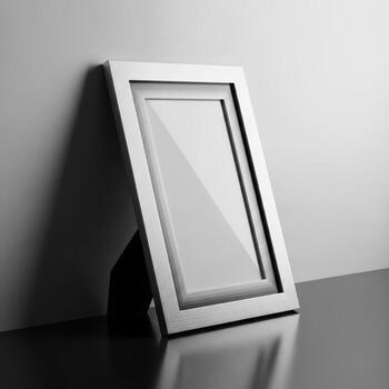 A sleek silver photo frame with a clear glass insert stands angled against a wall on a reflective surface isolated on white background