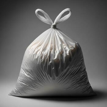 A full white plastic garbage bag tied securely with its drawstring isolated on white background photo