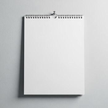 Blank spiral bound notebook open and hanging on a gray surface isolated on white background photo