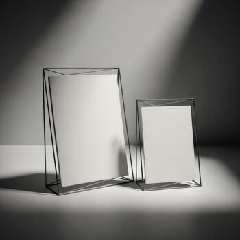 Two elegant silver photo frames with textured edges stand side by side on a white background isolated on white background
