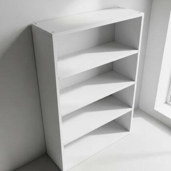 A tall narrow five shelf white wooden bookcase stands empty against a wall isolated on white background photo