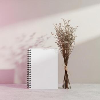 A blank spiral bound notebook stands next to a delicate bunch of dried white flowers isolated on white background photo