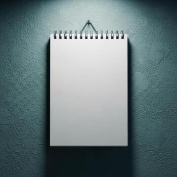 Blank spiral bound notebook hanging on a textured wall under a spotlight isolated on white background photo