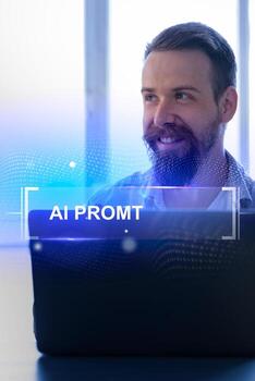 Professional man focused on computer screen while exploring artificial intelligence technologies indoors during daytime photo