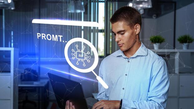 Young man working with laptop in modern office while exploring artificial intelligence applications photo