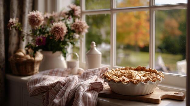 Homemade apple pie cooling on a sunny windowsill with a view of colorful autumn trees in the background photo