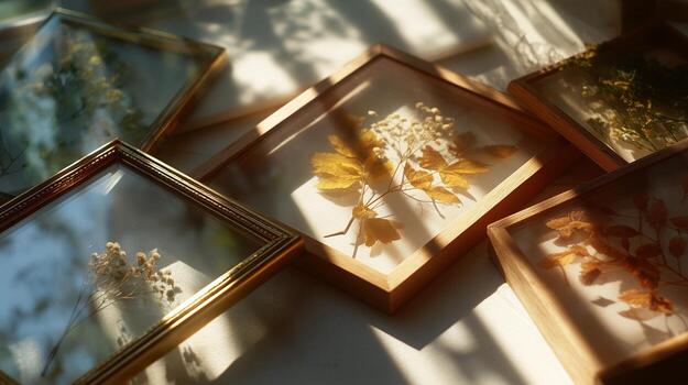 Decorative frames display pressed flowers and leaves illuminated by soft sunlight in a serene setting photo