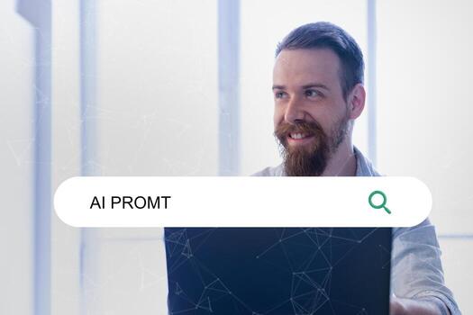 Man searching for AI prompts at a modern workspace in daylight while smiling and engaged in his task photo
