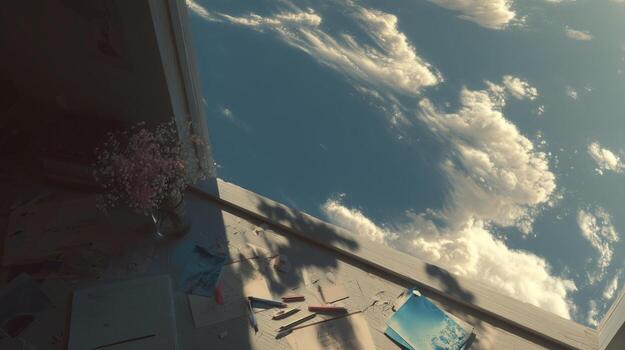 View from a window overlooking a serene sky with clouds and a quiet workspace photo