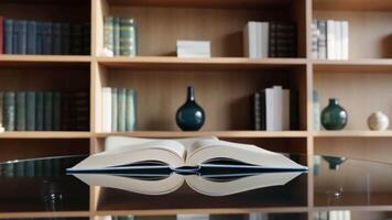ett öppen bok reflekterande på en glansig yta med bokhyllor i de bakgrund video