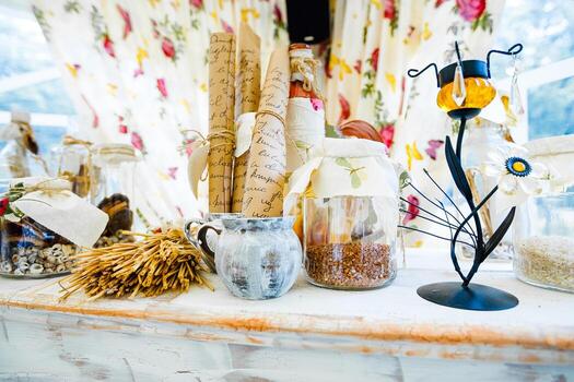 Decorative display of jars, scrolls, and flowers in a quaint, rustic setting photo