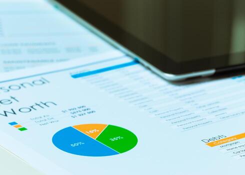 Overview of personal net worth analysis on a financial report with pie chart photo