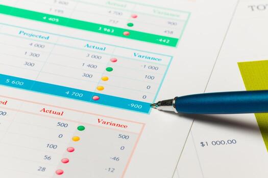 Financial analysis report showing projected and actual data with variance highlights photo