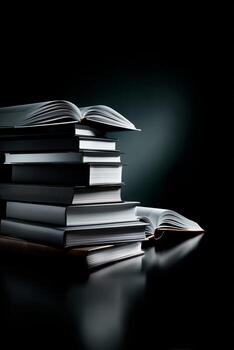 Stack of open and closed books on a dark background with soft lighting effects photo