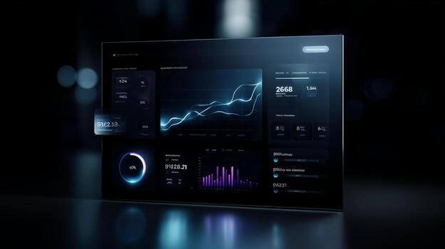 Data dashboard displaying analytics trends and insights in a dark environment photo