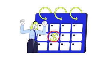 día de paga calendario contento 2d animación. ingresos cheque de pago calandrar mensual. emocionado hembra empleado celebrando salario día pagar animado personaje dibujos animados plano concepto metáfora 4k aislado en blanco video