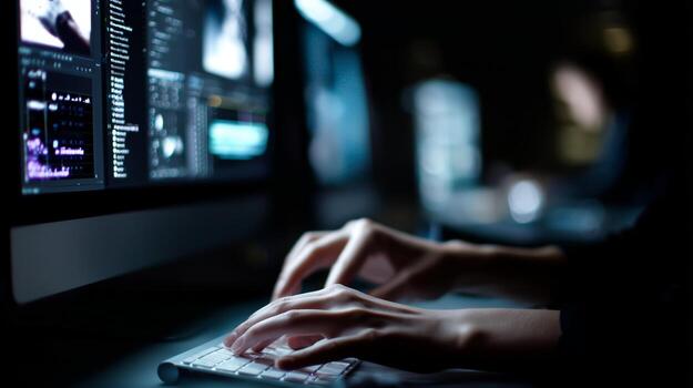 Creative work in a dimly lit office with computer screens displaying data photo