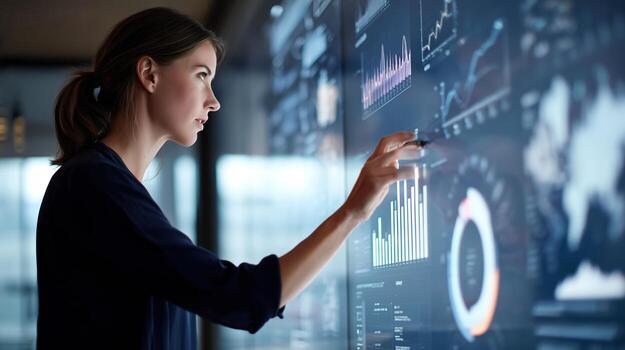 Woman interacts with digital interface displaying data and analytics in a modern office setting photo