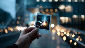 mano participación instante foto de puesta de sol terminado ciudad edificios a oscuridad