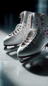 Ice skates adorned with hearts resting on a smooth rink surface during practice session photo