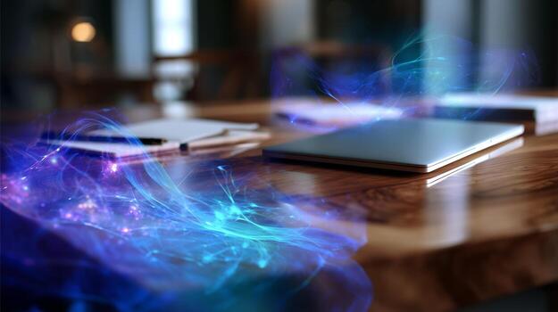 Creative workspace with glowing abstract patterns and tech gadgets at a stylish desk photo