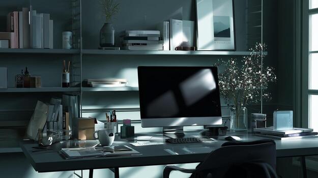 moderno espacio de trabajo con computadora y organizado escritorio durante luz horas foto