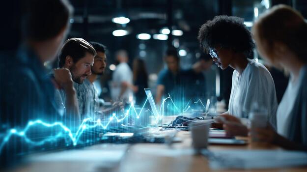 Group of people collaborating in an office space with technology and data analysis photo