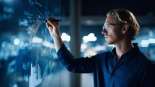 Professional man writing data and graphs on a digital screen in an office setting photo