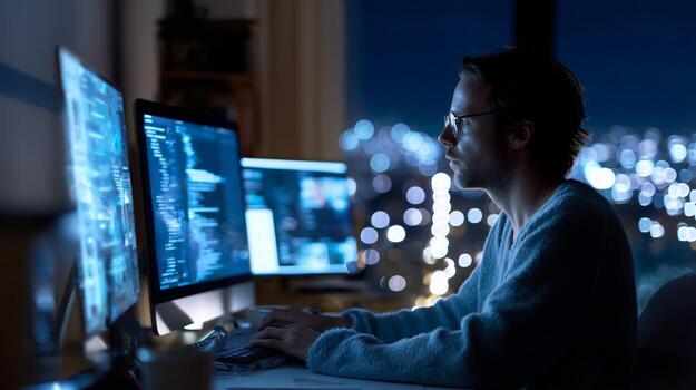 trabajando tarde a noche en computadora programación con ciudad luces en antecedentes foto