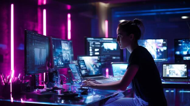 enfocado descifrador trabajos tarde a un alta tecnología escritorio con múltiple pantallas y neón Encendiendo foto