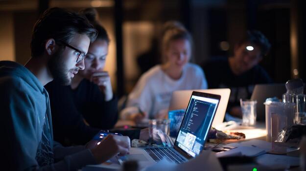 Group of developers collaborating late at night on a coding project in a dimly lit workspace photo