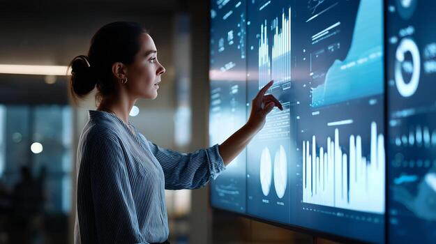 Woman interacting with digital data display in a modern office setting during evening hours photo