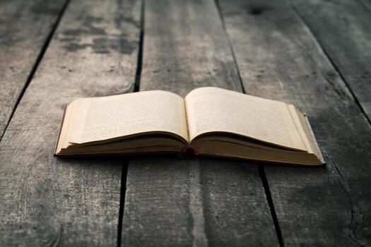 Open book resting on wooden surface in a rustic setting during daylight hours photo