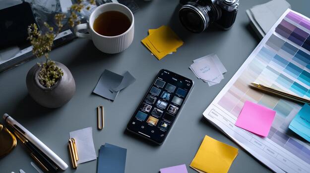 Workspace setup with smartphone, camera, and color palettes in a creative environment photo
