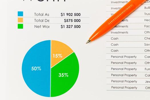 Financial overview showcasing net worth breakdown by asset categories and their values photo