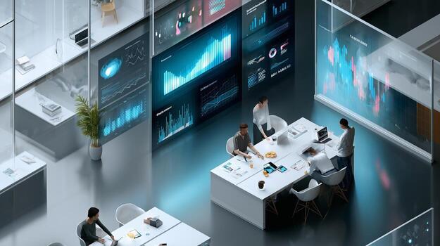 Team collaborating in modern office space, analyzing data and discussing strategies photo