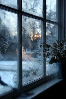 Frosted window with delicate ice patterns framed by a winter scene at dusk photo