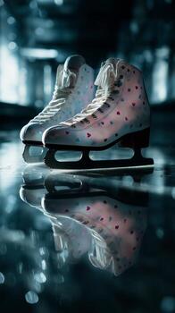 Ice skates with heart patterns shine on a smooth rink surface in a dimly lit arena photo